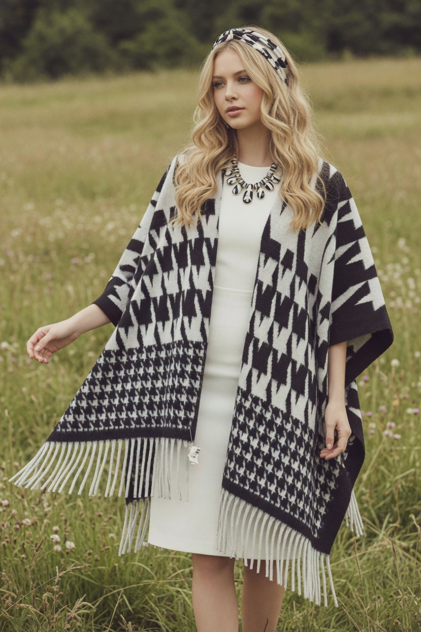 Houndstooth Edit Black Ruana – Classic Pattern Wrap