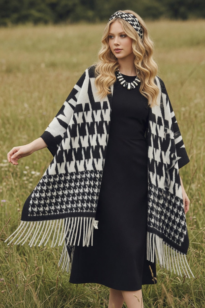 Houndstooth Edit Black Ruana – Classic Pattern Wrap