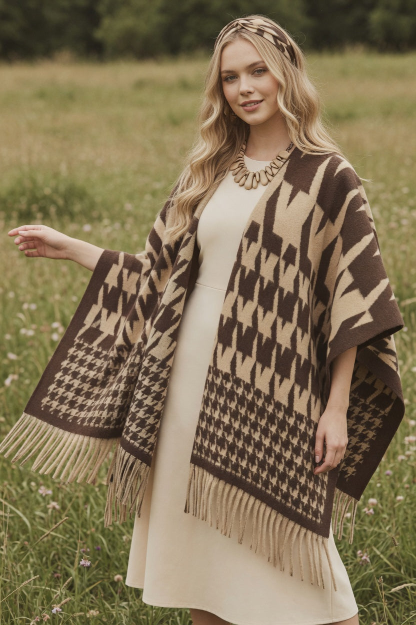 Houndstooth Edit Khaki Ruana – Soft Neutral Wrap