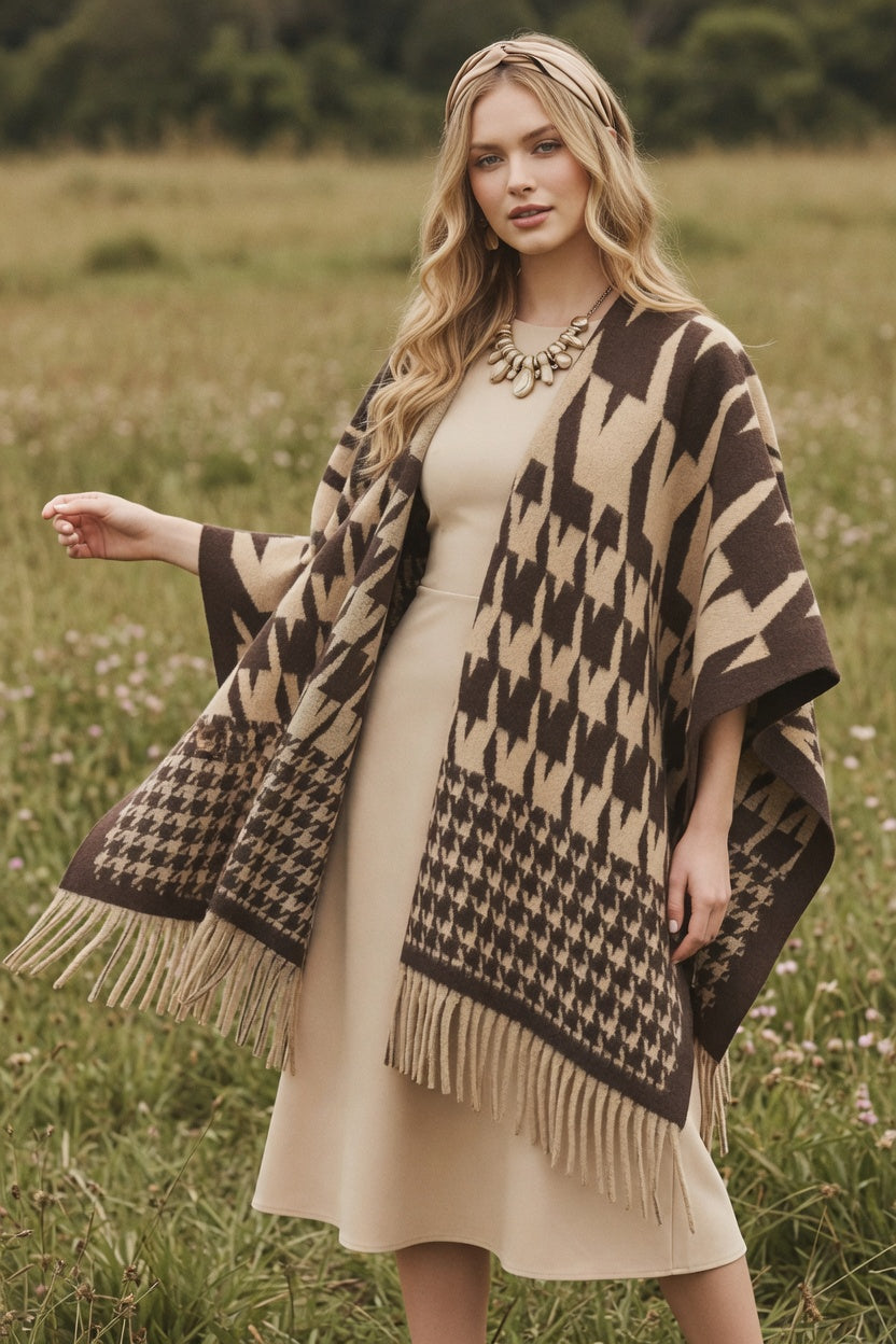 Houndstooth Edit Khaki Ruana – Soft Neutral Wrap