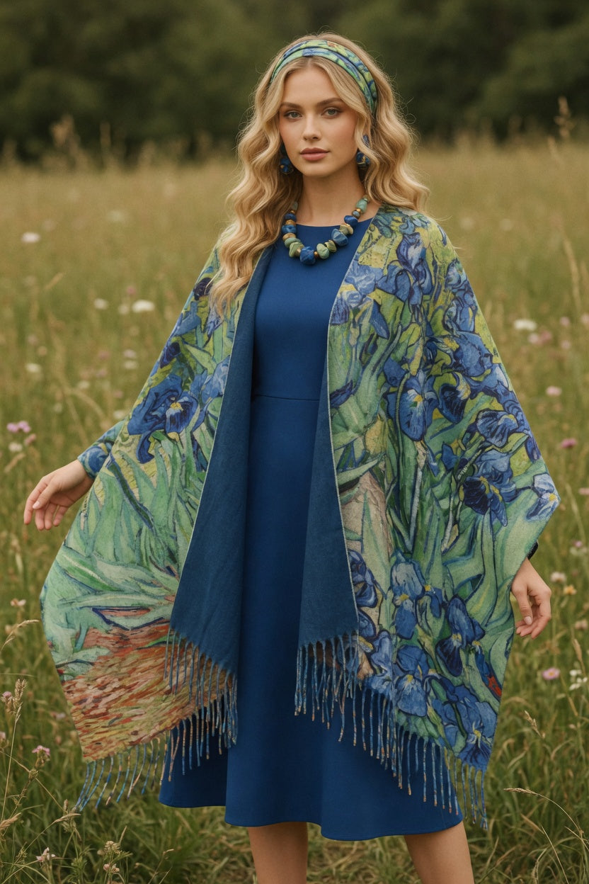 Irises Art Ruana – Blue Floral Wrap