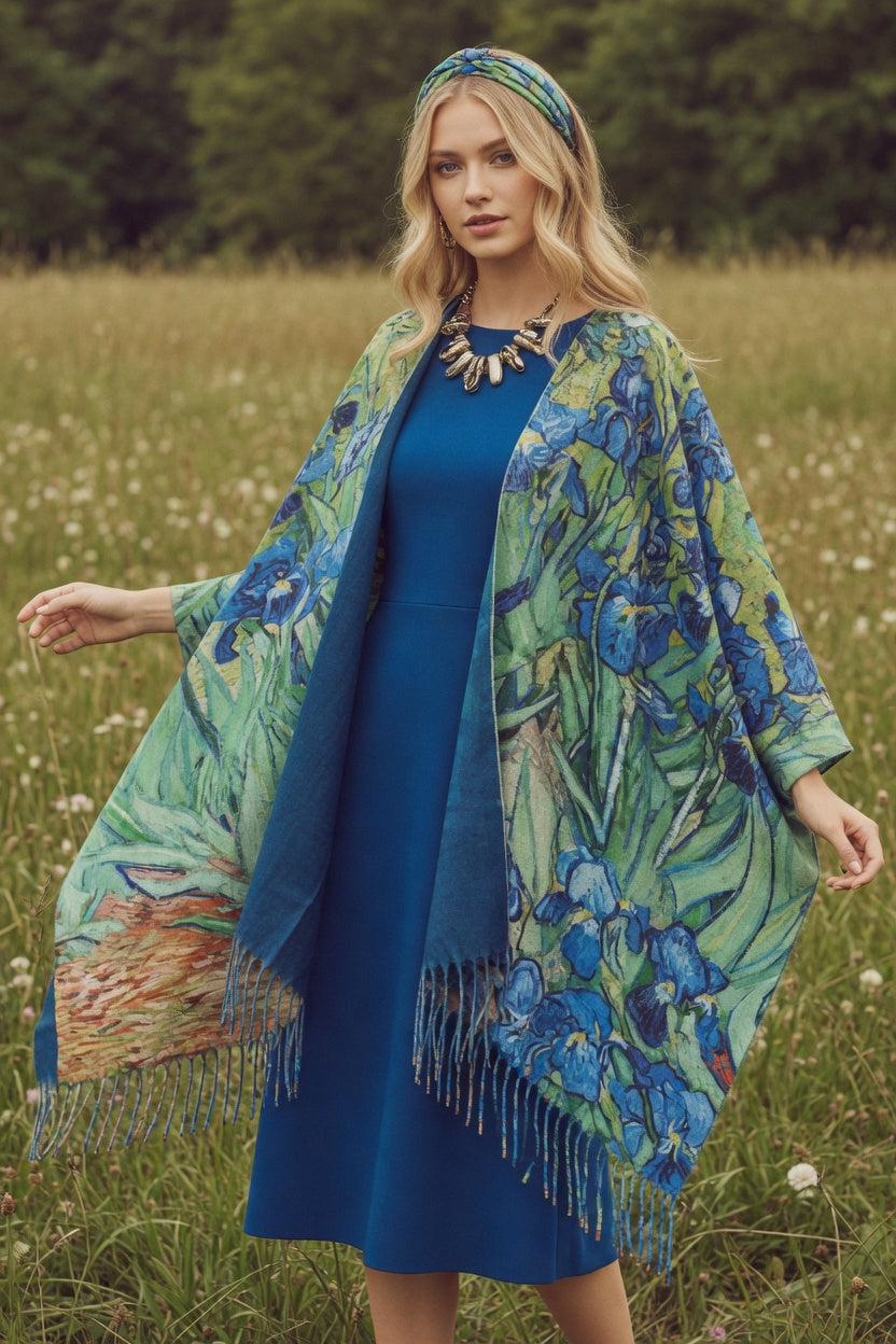 Irises Art Ruana – Blue Floral Wrap