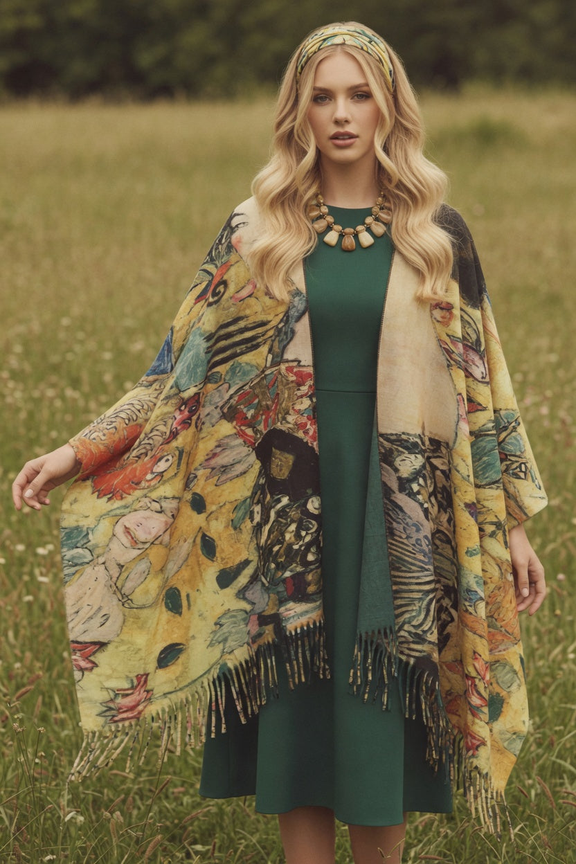 Lady with Fan Art Ruana – Elegant Portrait Wrap