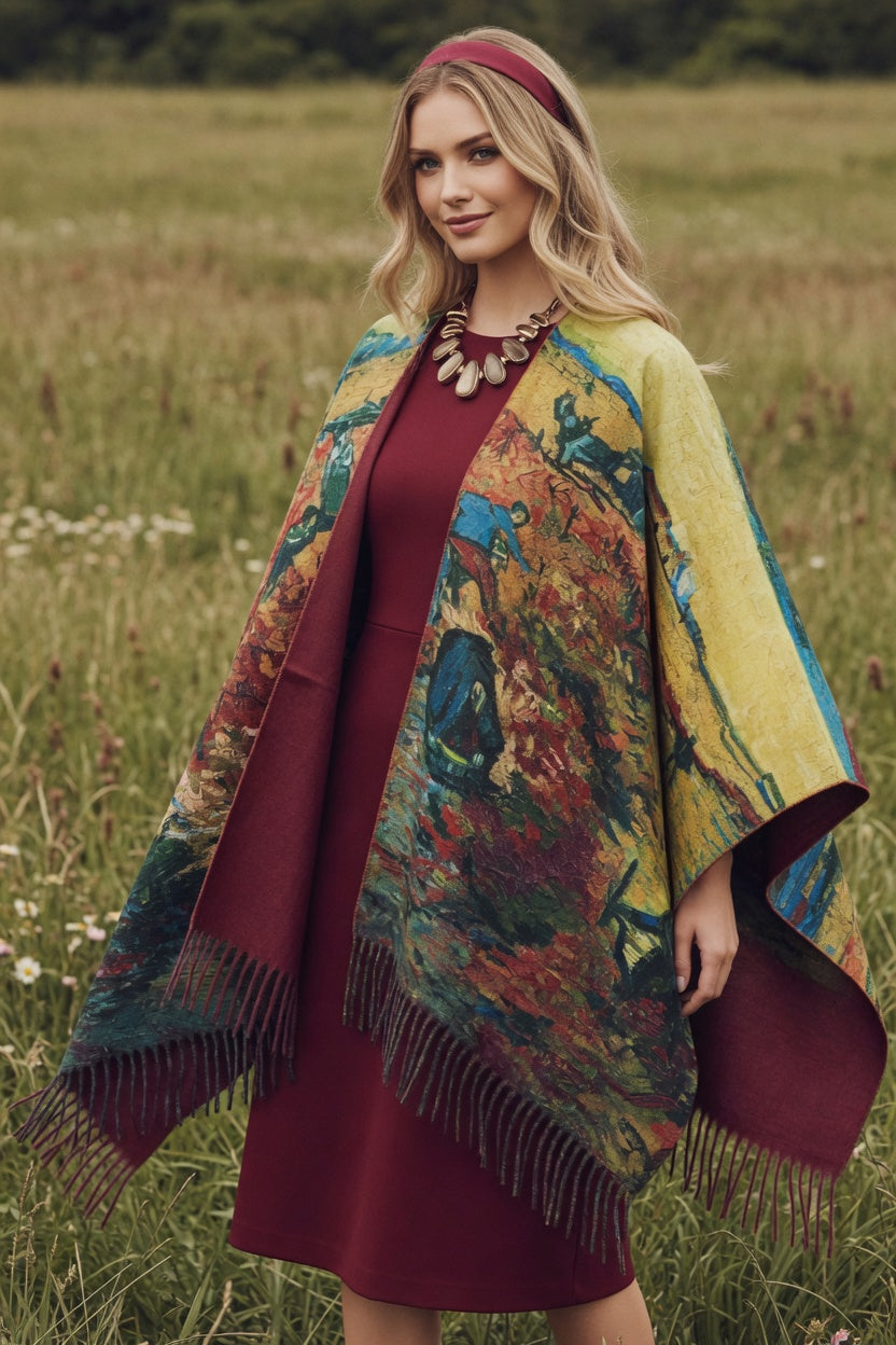 Red Vineyard Art Ruana – Warm Landscape Wrap