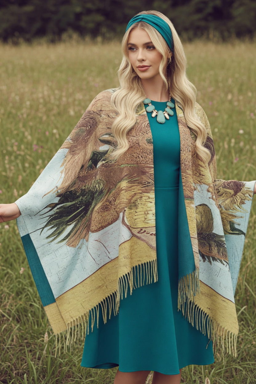 Sunflowers Art Ruana – Golden Floral Wrap