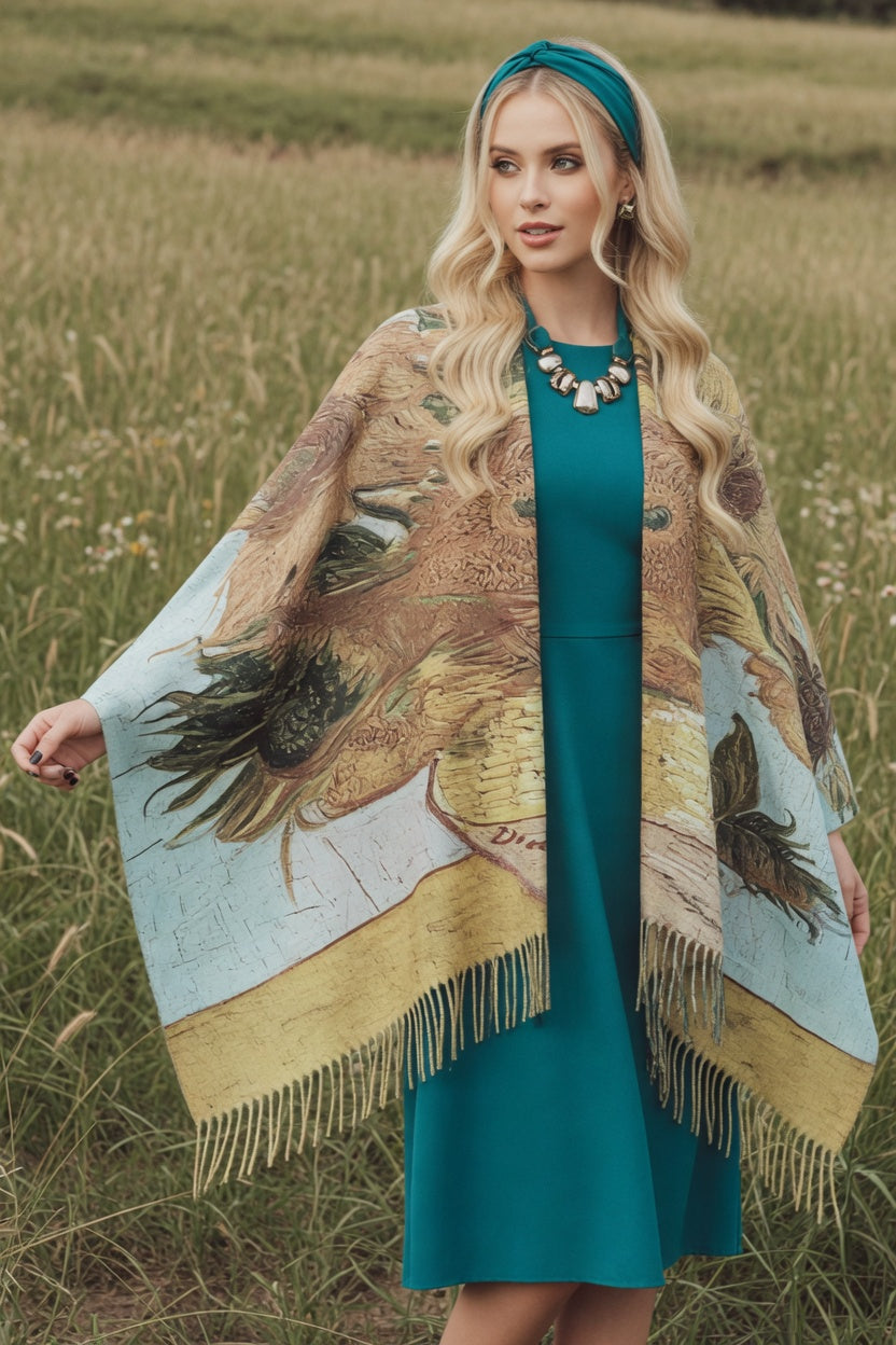 Sunflowers Art Ruana – Golden Floral Wrap