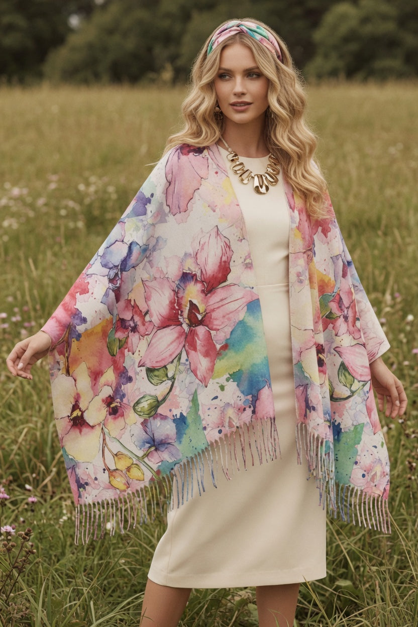 Water Color Floral Ruana – Soft Artistic Wrap