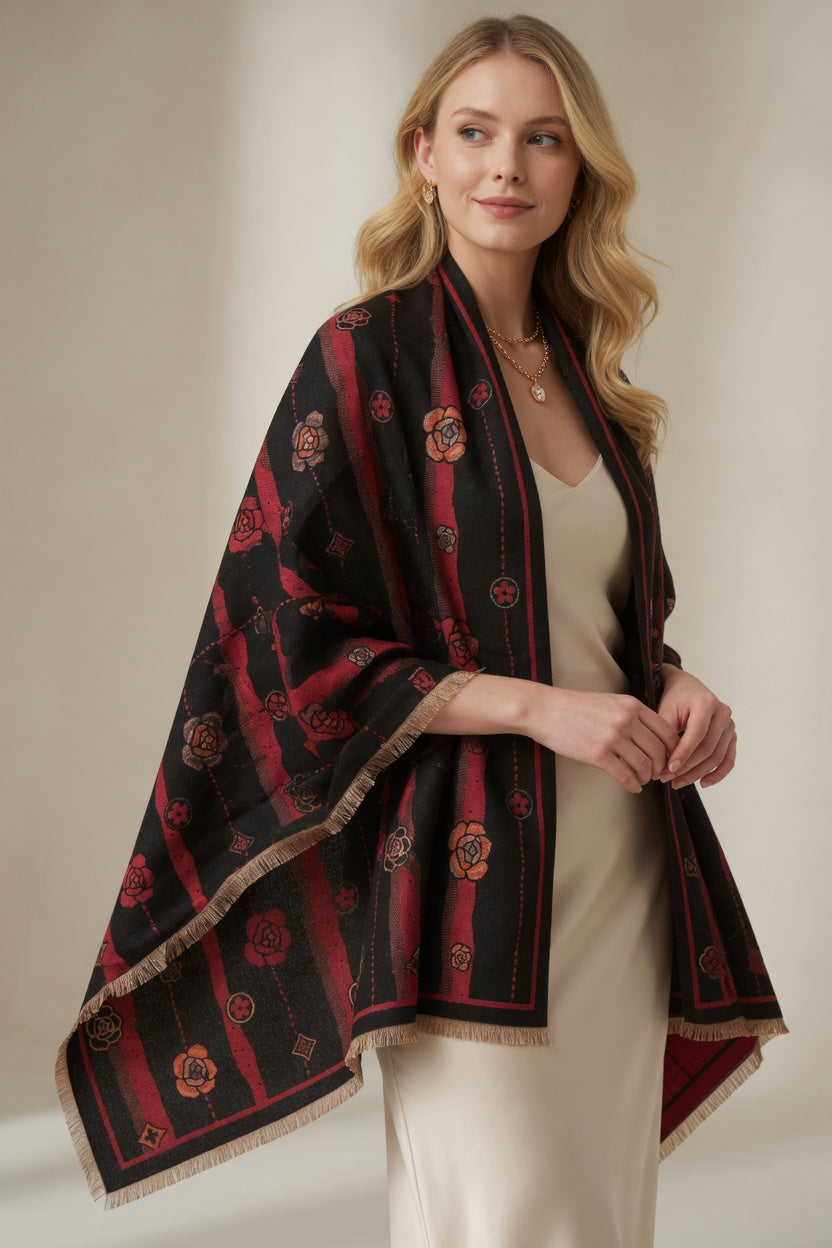 Black Red Floral Art Scarf – Bold Elegant Wrap