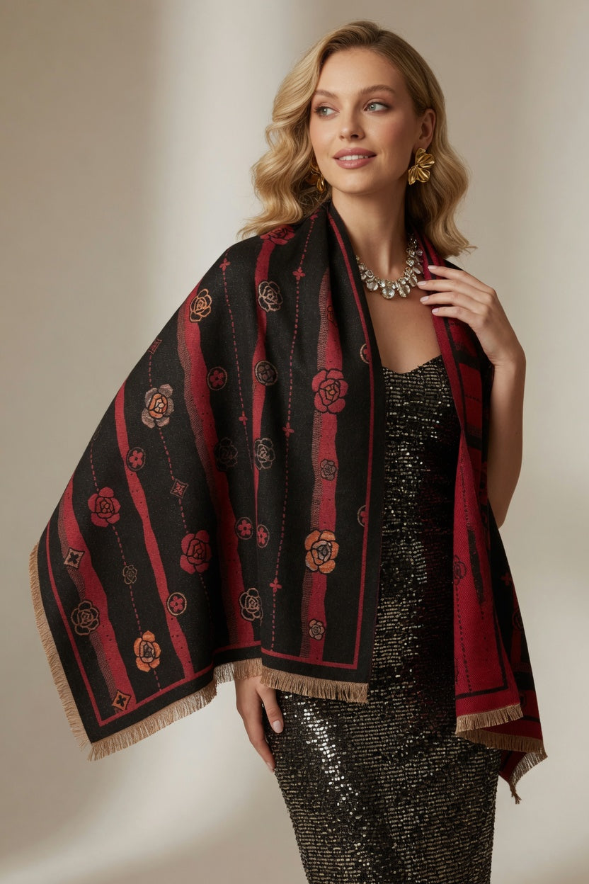 Black Red Floral Art Scarf – Bold Elegant Wrap