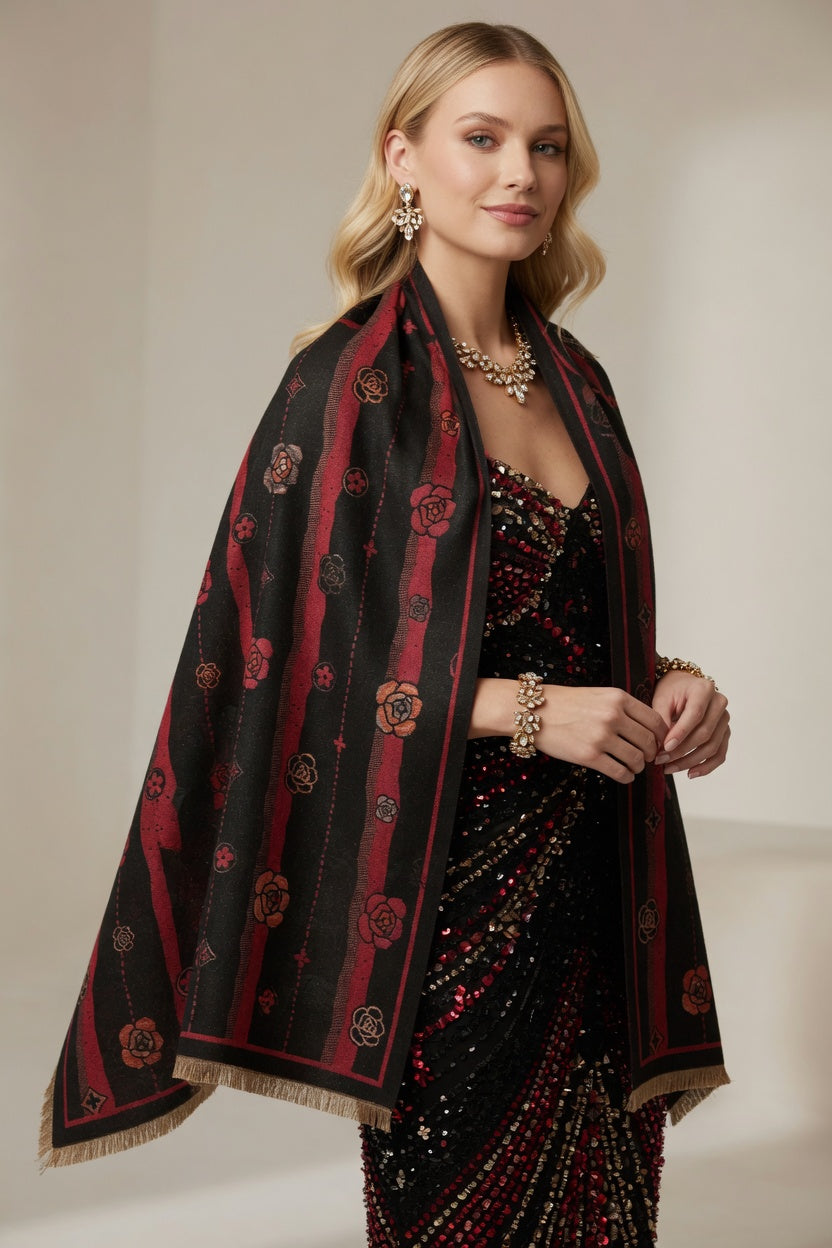 Black Red Floral Art Scarf – Bold Elegant Wrap
