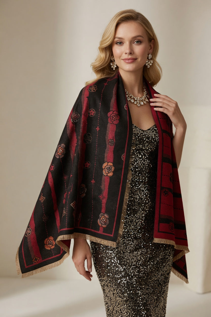 Black Red Floral Art Scarf – Bold Elegant Wrap