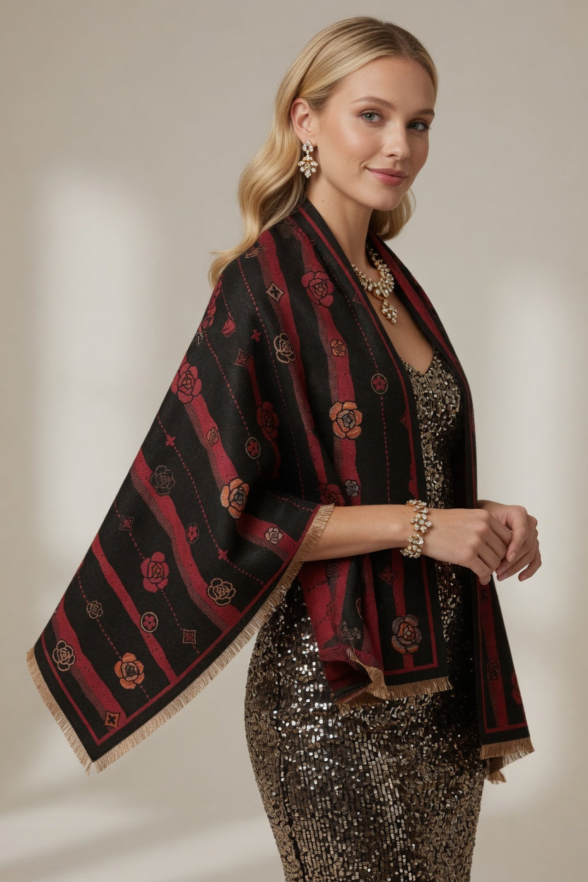 Black Red Floral Art Scarf – Bold Elegant Wrap