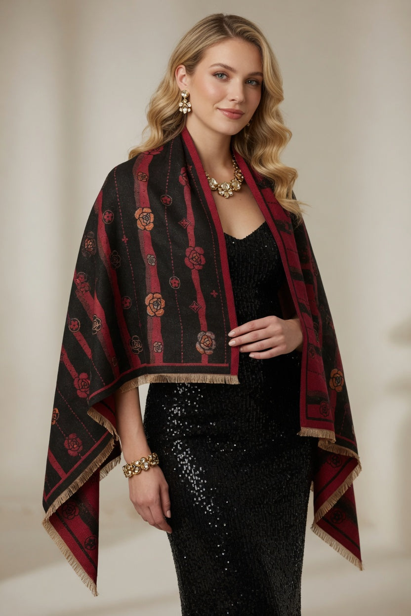 Black Red Floral Art Scarf – Bold Elegant Wrap