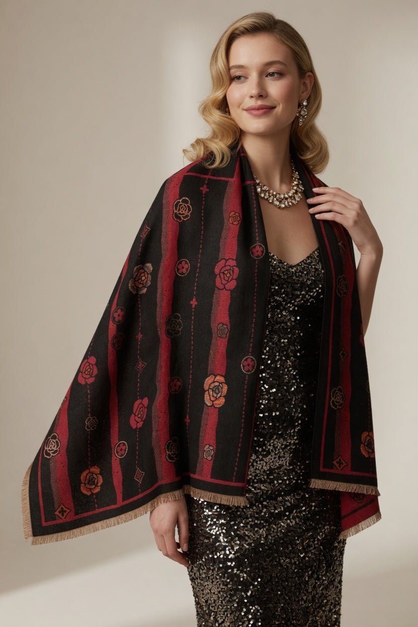 Black Red Floral Art Scarf – Bold Elegant Wrap