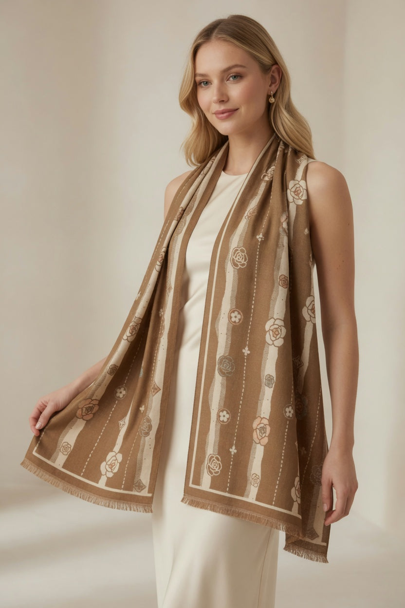 Caramel Rose Stripe Scarf – Warm Tone Elegant Wrap