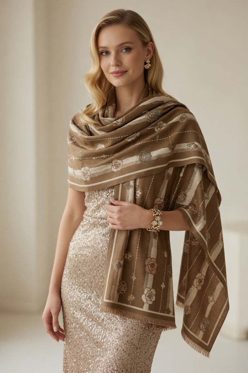 Caramel Rose Stripe Scarf – Warm Tone Elegant Wrap
