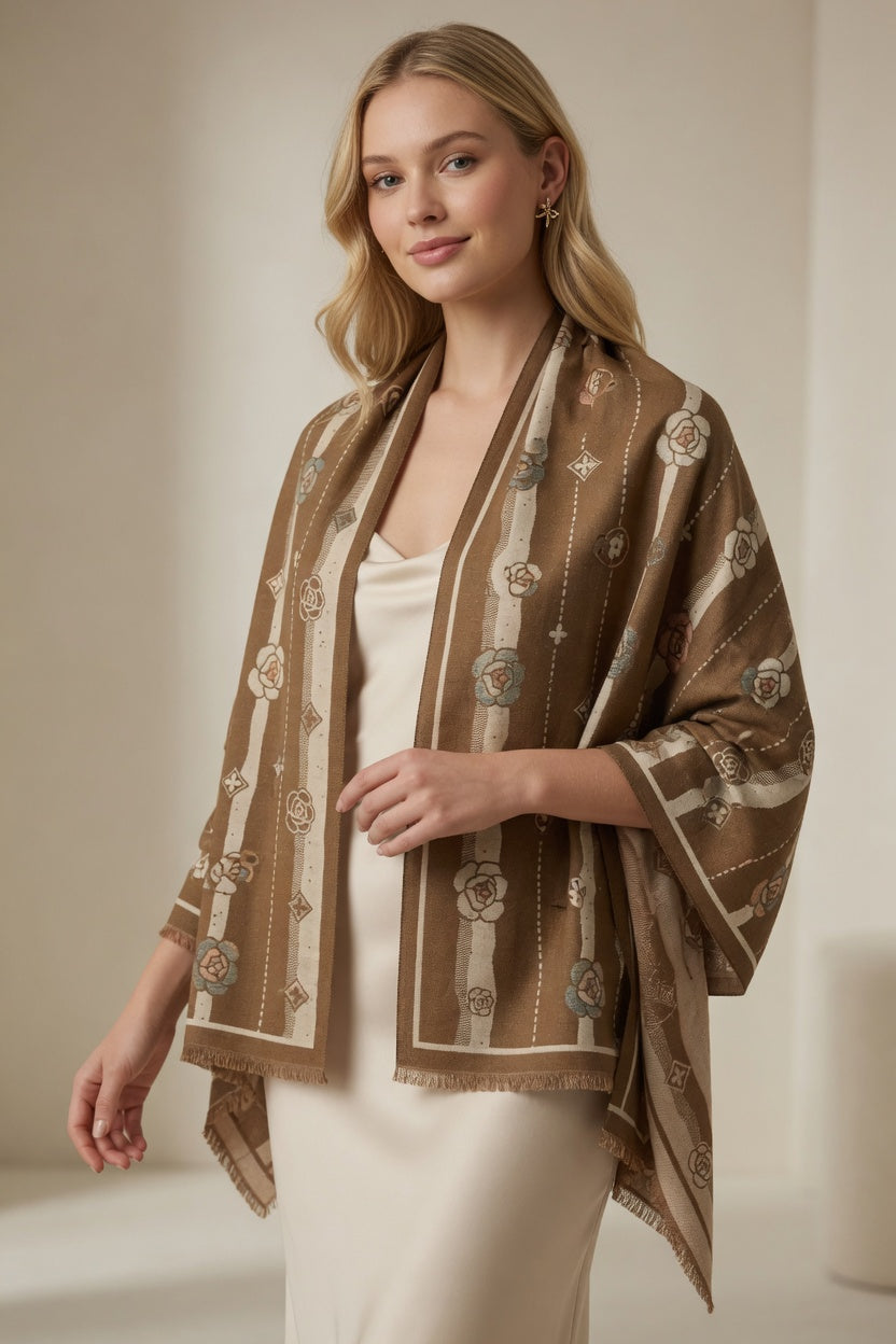 Caramel Rose Stripe Scarf – Warm Tone Elegant Wrap