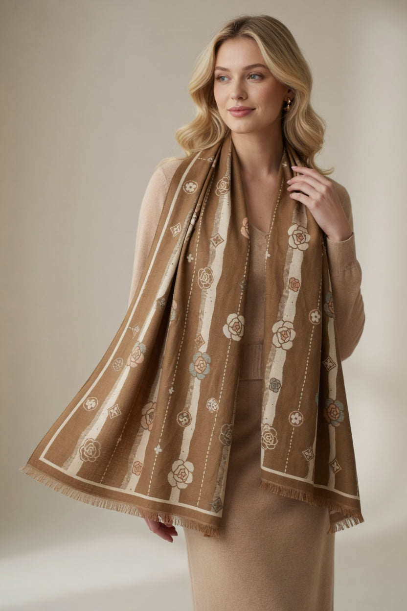 Caramel Rose Stripe Scarf – Warm Tone Elegant Wrap