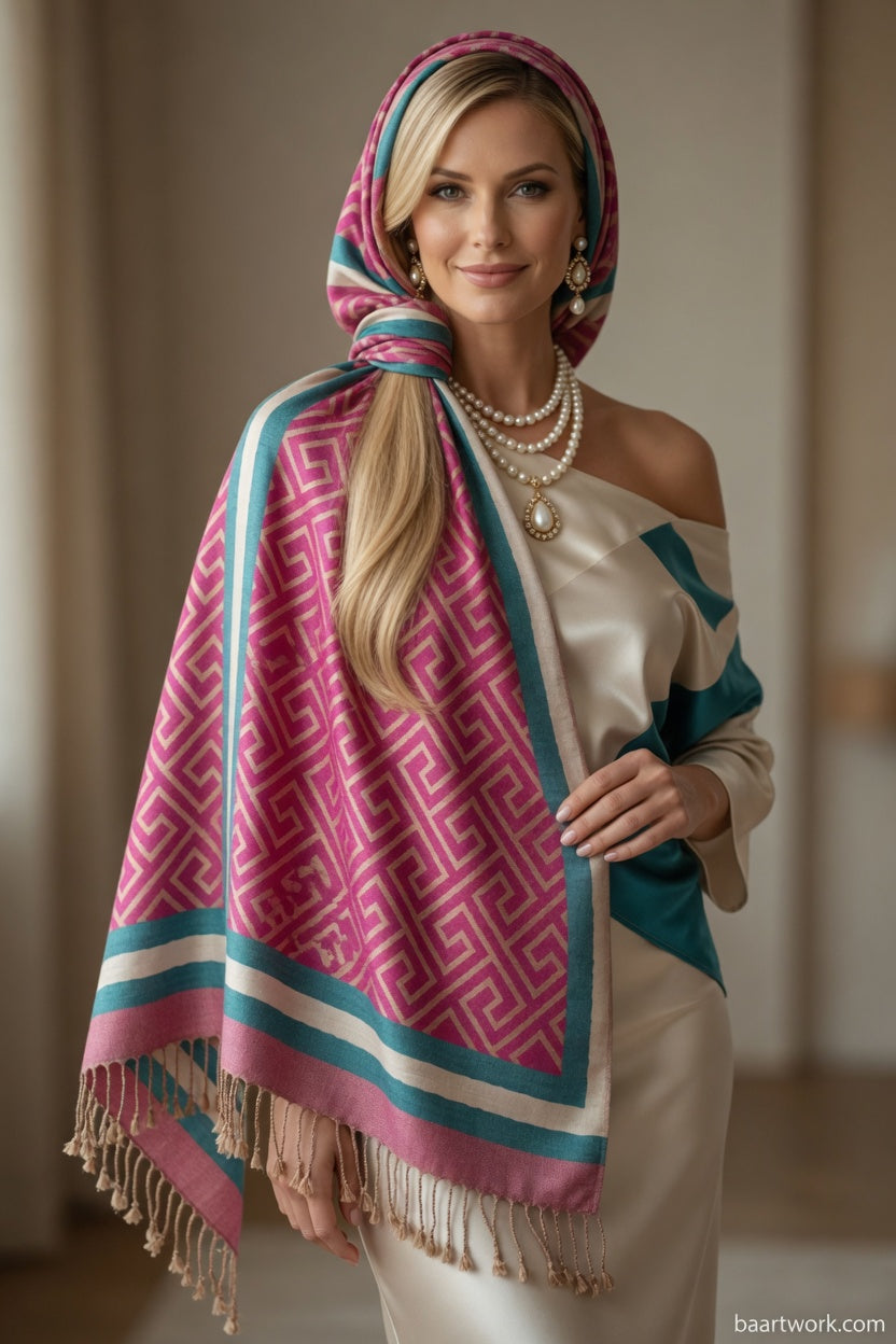 Fuchsia Greek Key Scarf – Bold Pattern Wrap