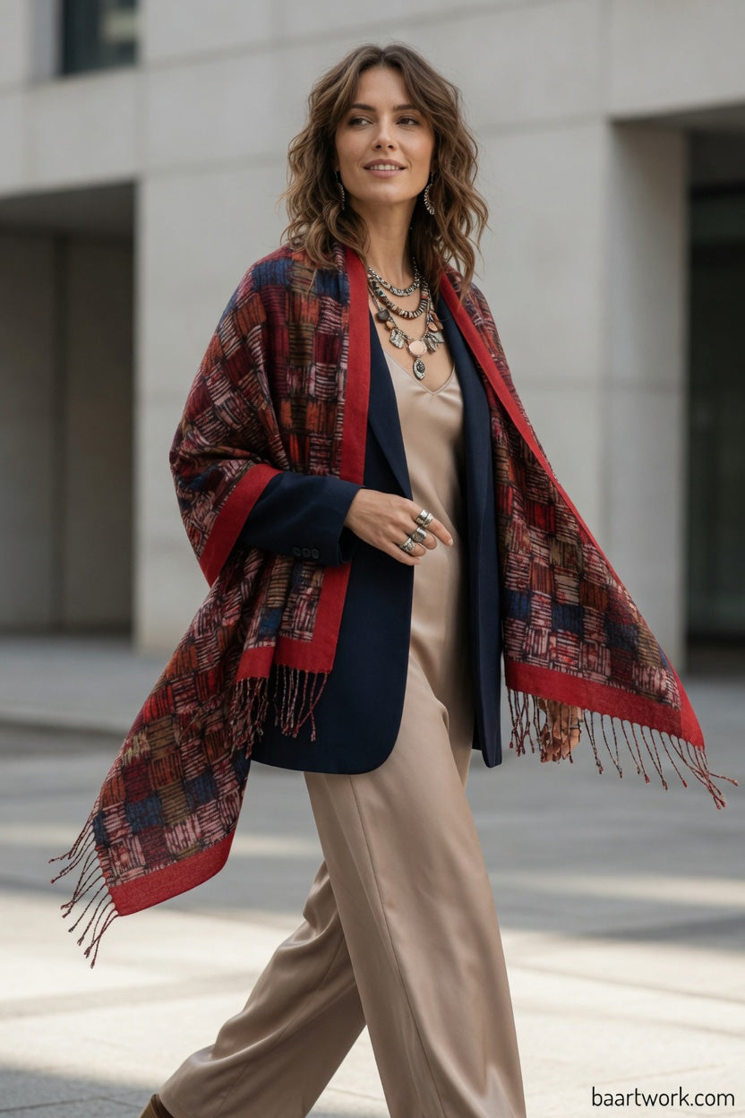 Red Mosaic Art Scarf – Artistic Pattern Wrap