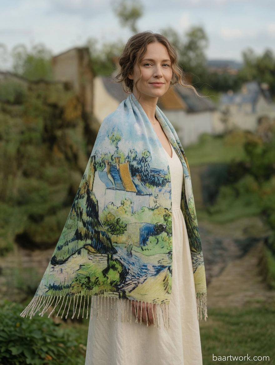 Thatched Cottages Art Scarf – Rustic Landscape Wrap