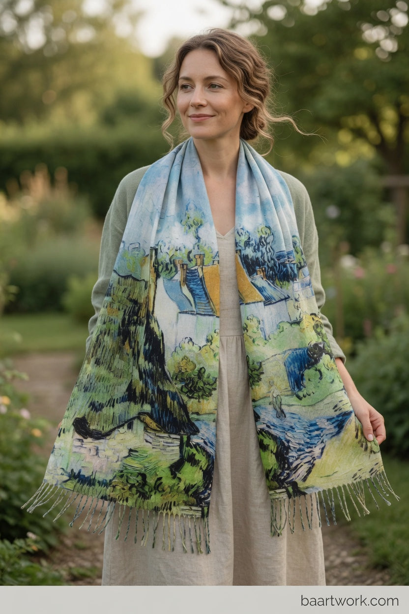 Thatched Cottages Art Scarf – Rustic Landscape Wrap