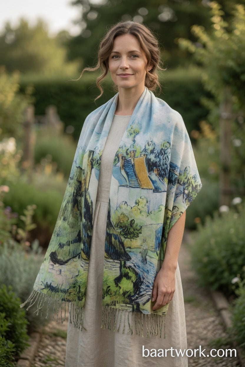 Thatched Cottages Art Scarf – Rustic Landscape Wrap