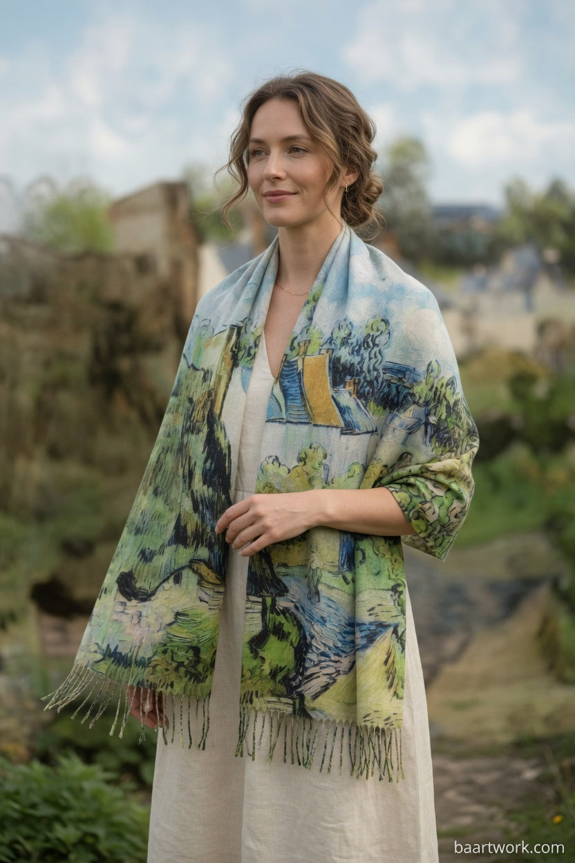 Thatched Cottages Art Scarf – Rustic Landscape Wrap