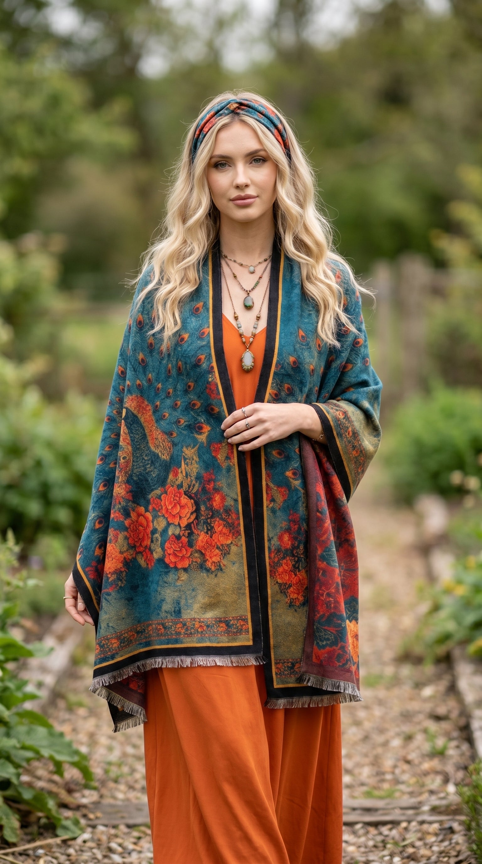 Peacock in Flower Bed Premium Scarf