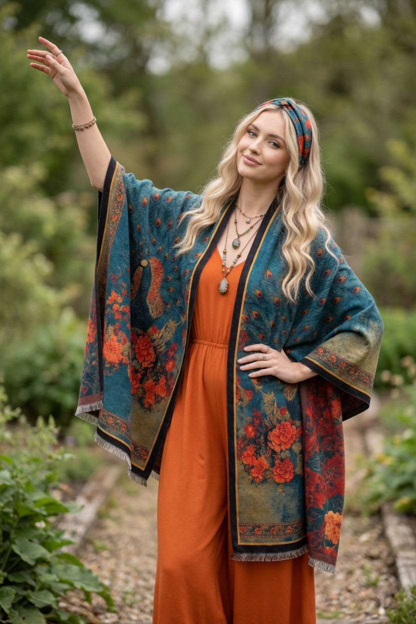 Peacock in Flower Bed Premium Scarf