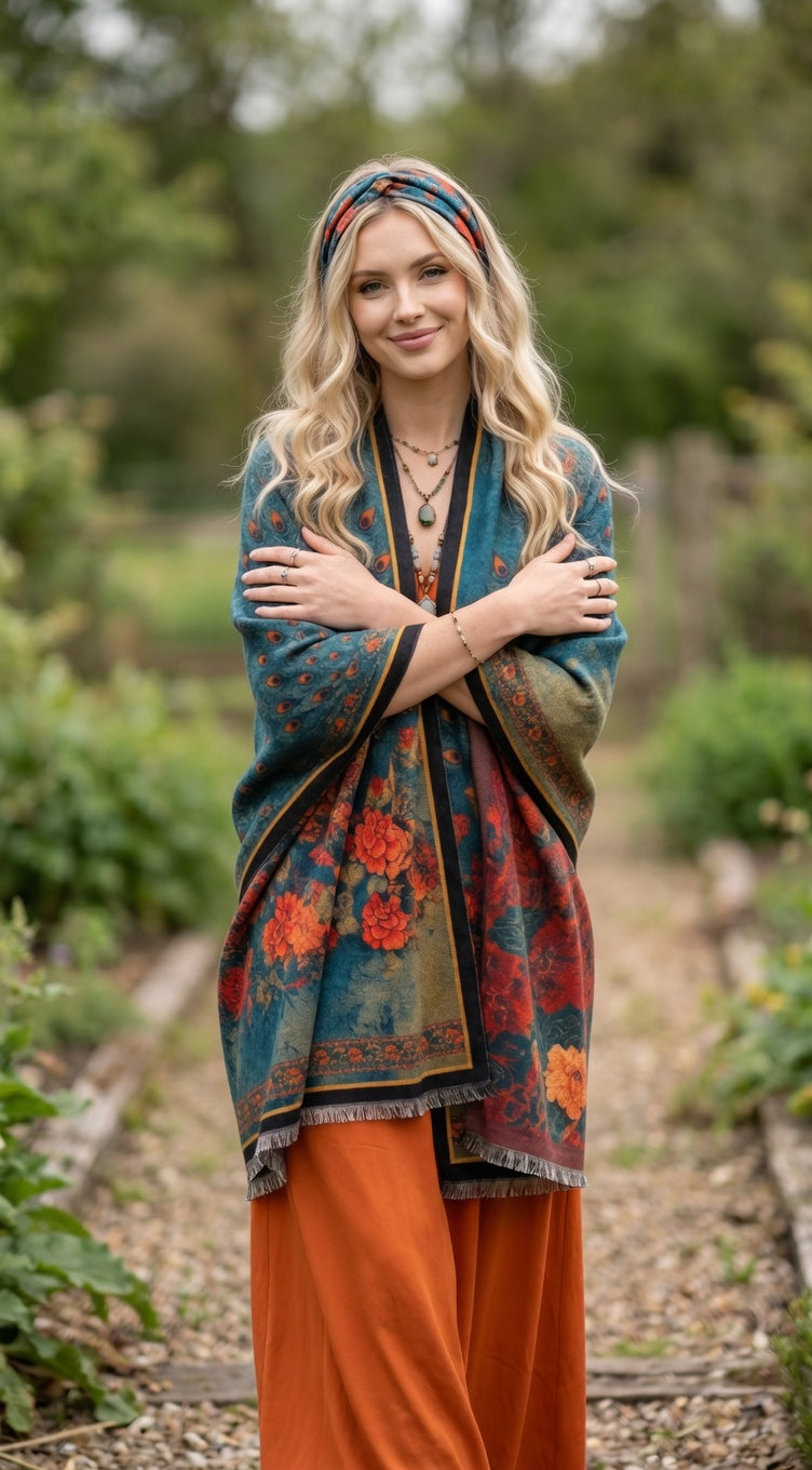 Peacock in Flower Bed Premium Scarf