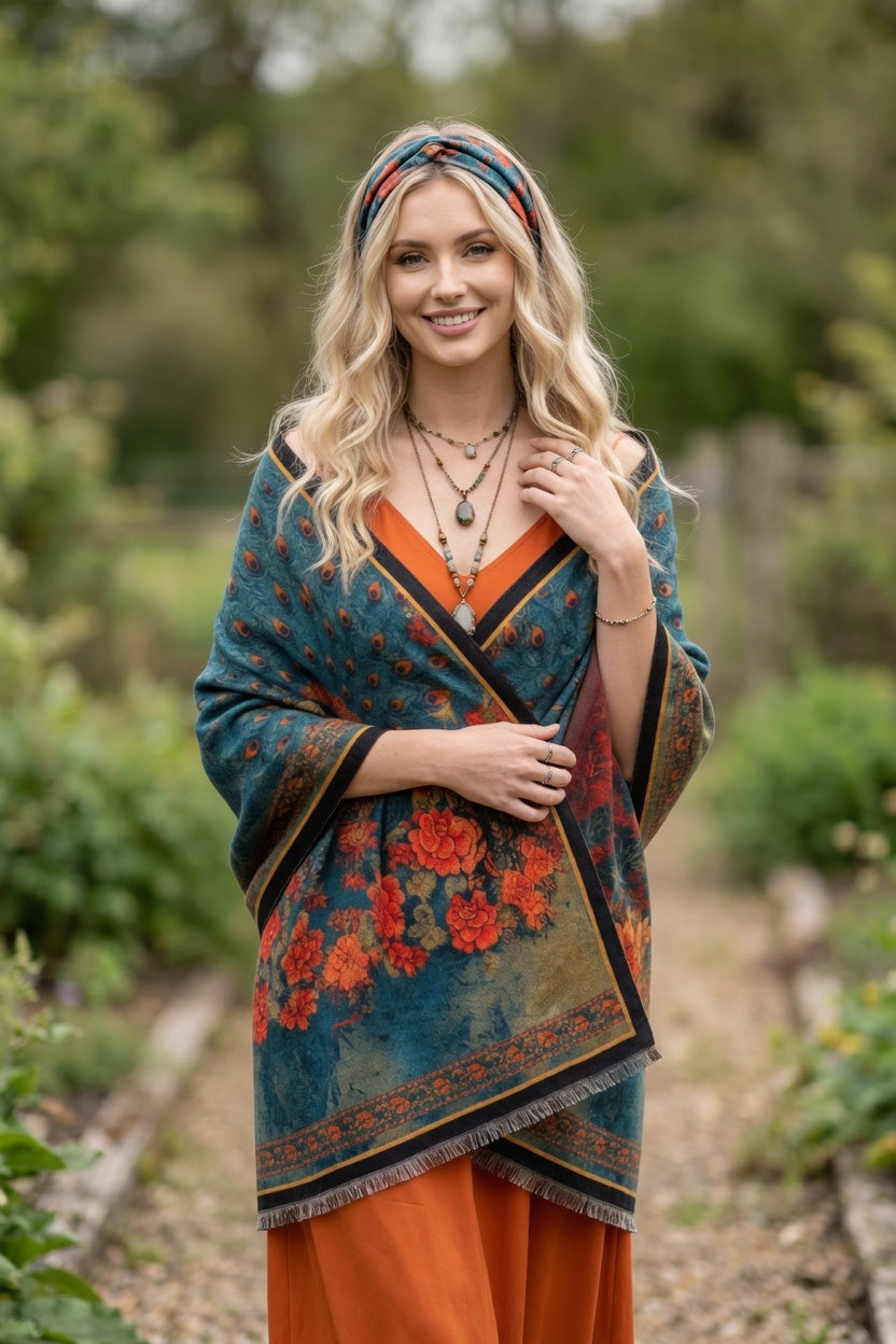 Peacock in Flower Bed Premium Scarf