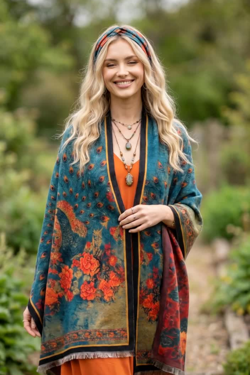 Peacock in Flower Bed Premium Scarf
