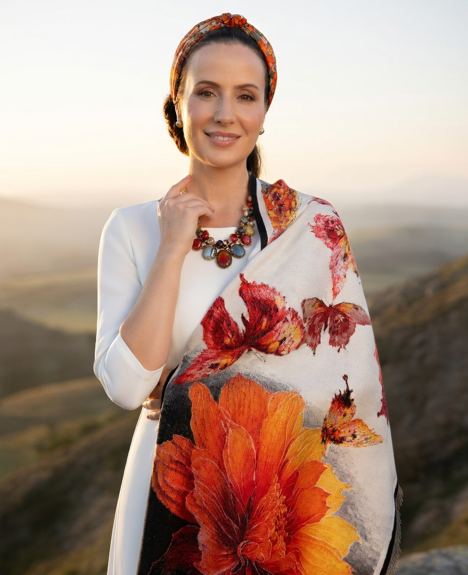Peony & Butterfly Premium Scarf