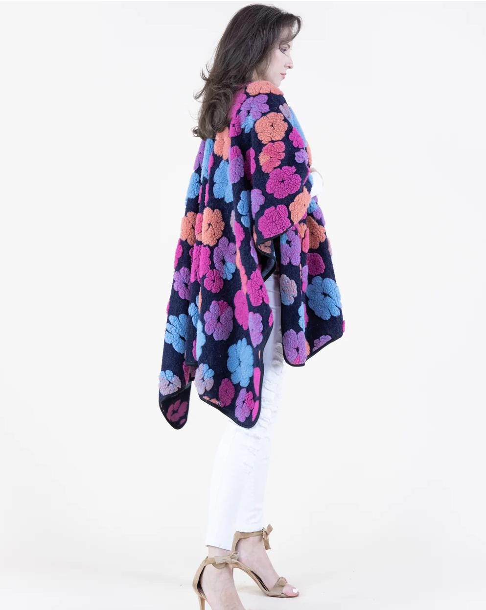 Embroidered Floral Ruana Wrap: Oversized Boho Cape, Wool-Like Shawl