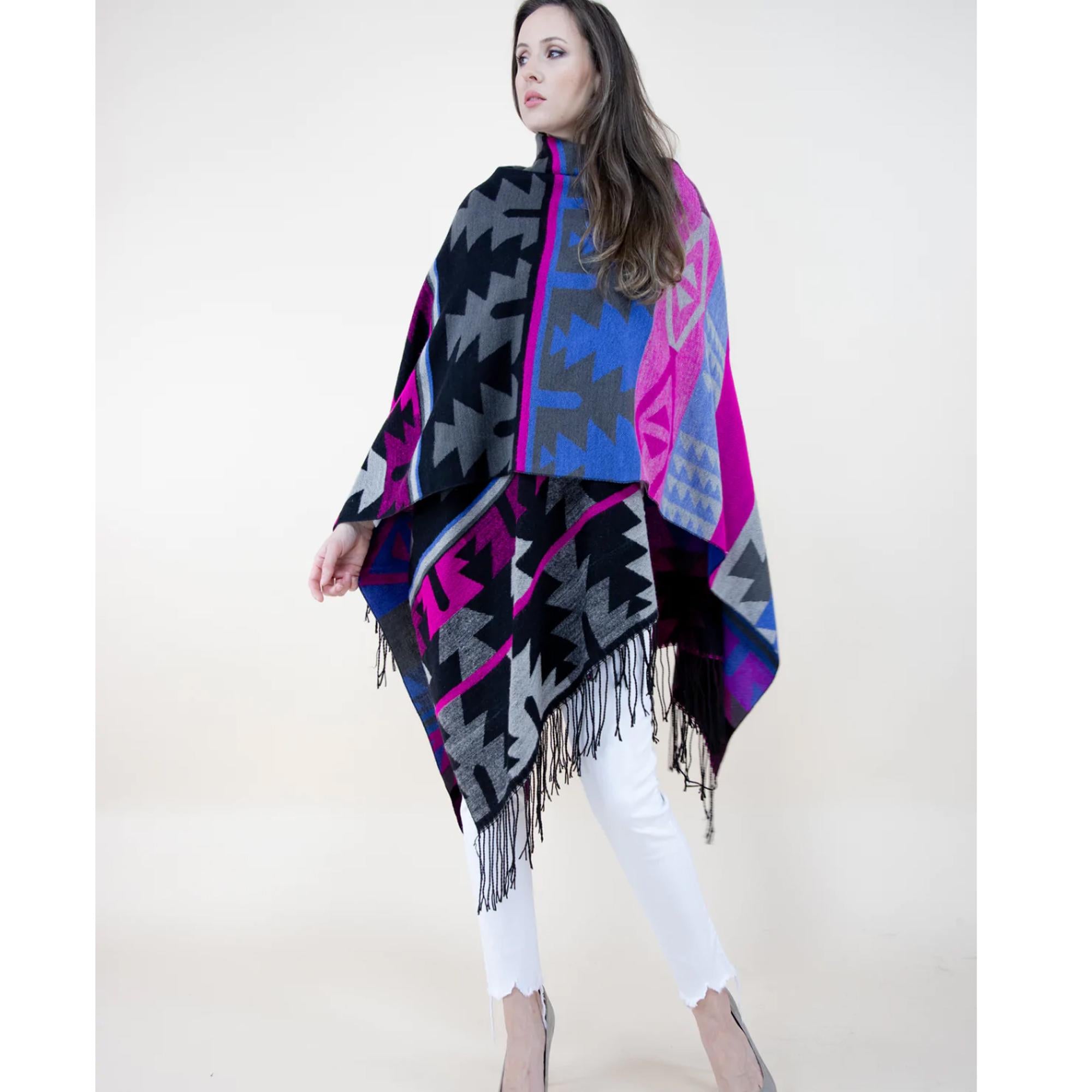 Aztec Ruana Wrap: Boho Poncho Cape with Fringe