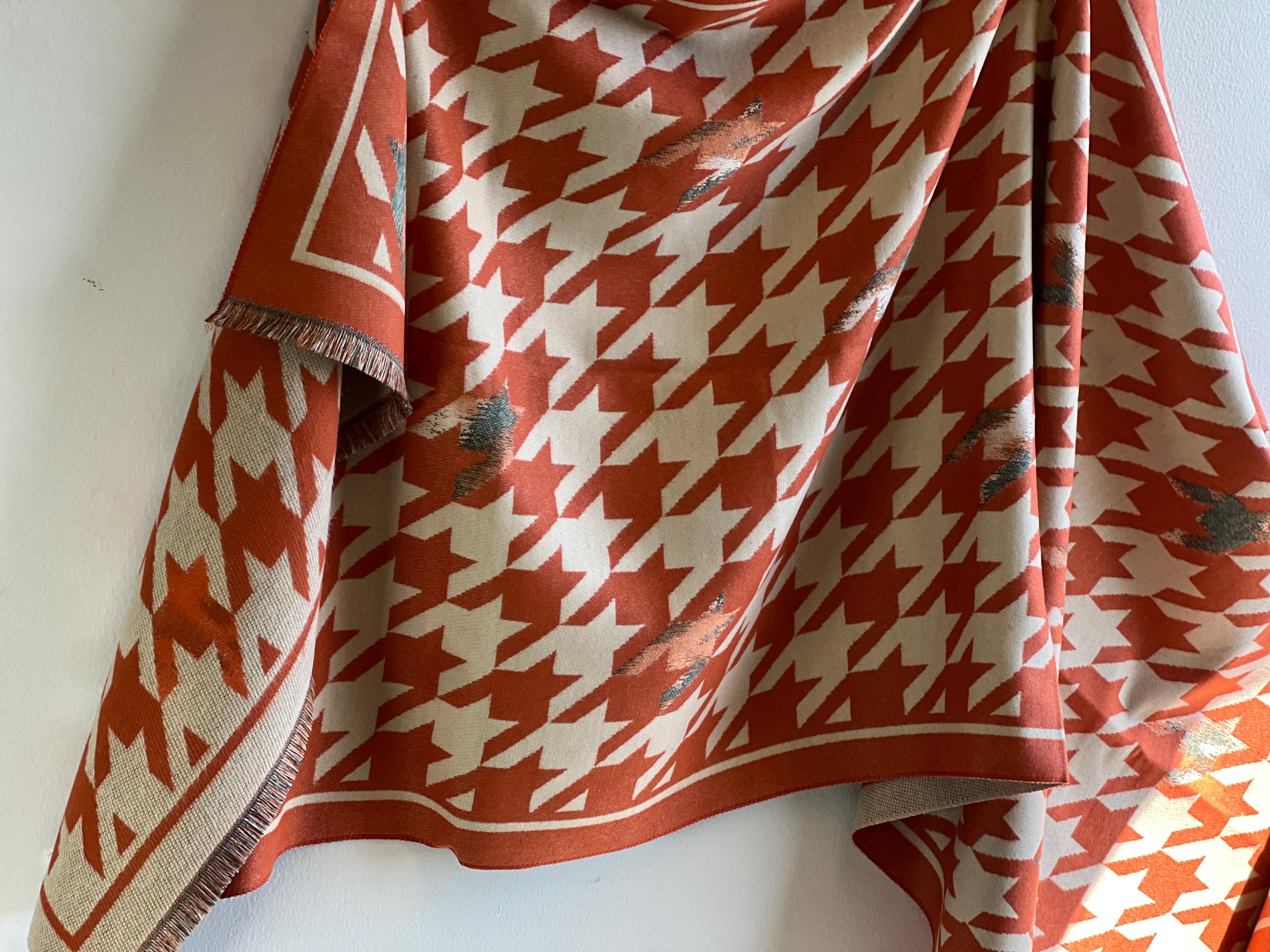 Orange & Cream Houndstooth Oversized Scarf – Bold Geometric Wrap with Artistic Accents