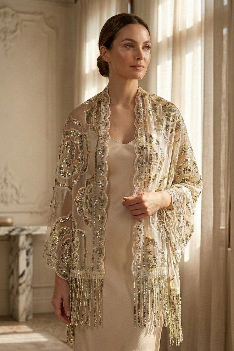 Light Gold Rose Sequin Evening Scarf Wrap | Elegant Floral Sparkle Shawl