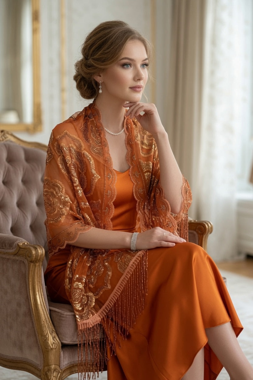 Orange Rose Sequin Evening Scarf Wrap | Elegant Floral Sparkle Shawl