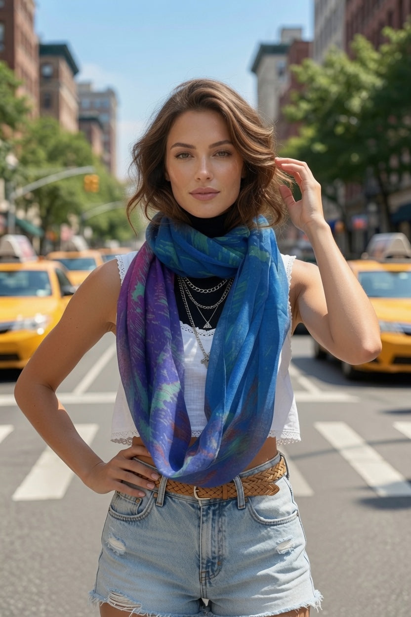 Blue Purple Abstract Painting Infinity Scarf | Wearable Art Loop Scarf