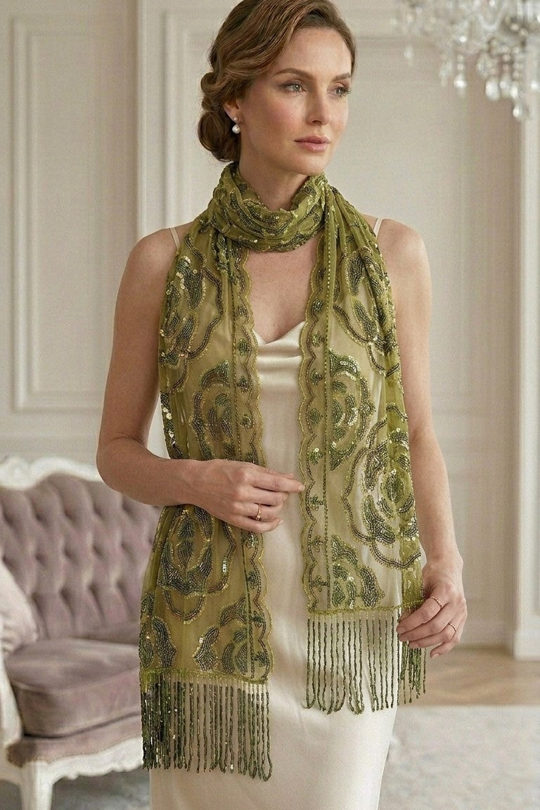 Olive Rose Sequin Evening Scarf Wrap | Elegant Floral Sparkle Shawl