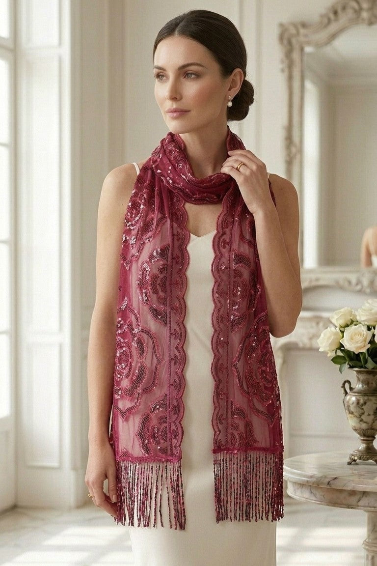 Fuchsia Rose Sequin Evening Scarf Wrap | Elegant Floral Sparkle Shawl