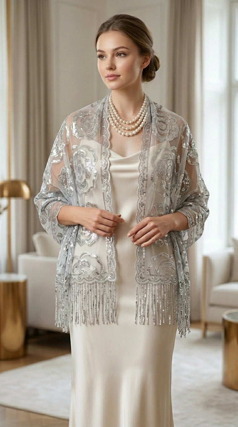 Silver Rose Sequin Evening Scarf Wrap | Elegant Floral Sparkle Shawl