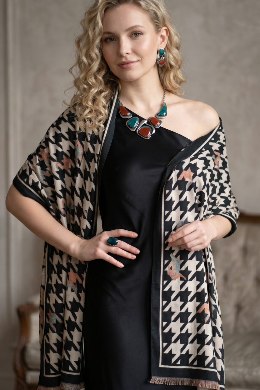 Black White Houndstooth Scarf with Solid Border – Classic Elegant Shawl