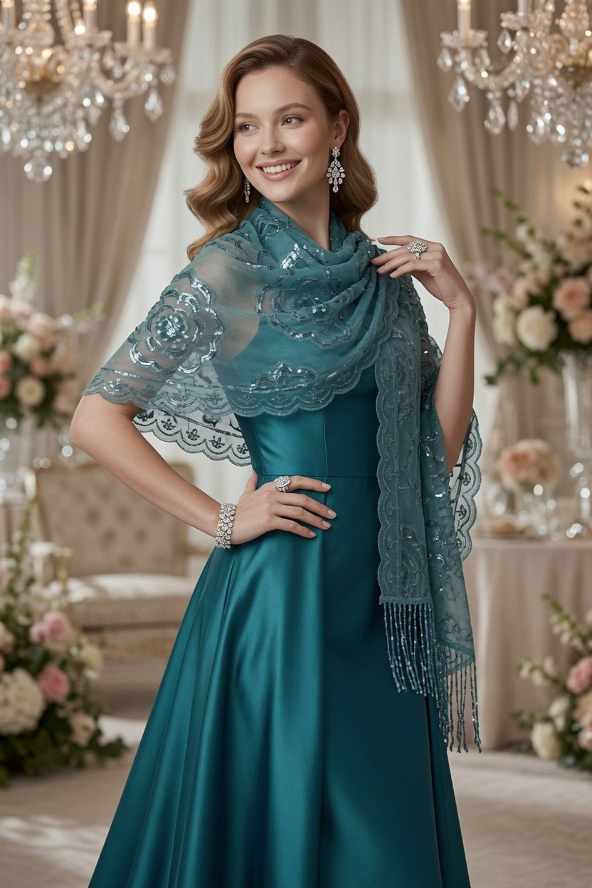 Turquoise Rose Sequin Evening Scarf Wrap | Elegant Floral Sparkle Shawl
