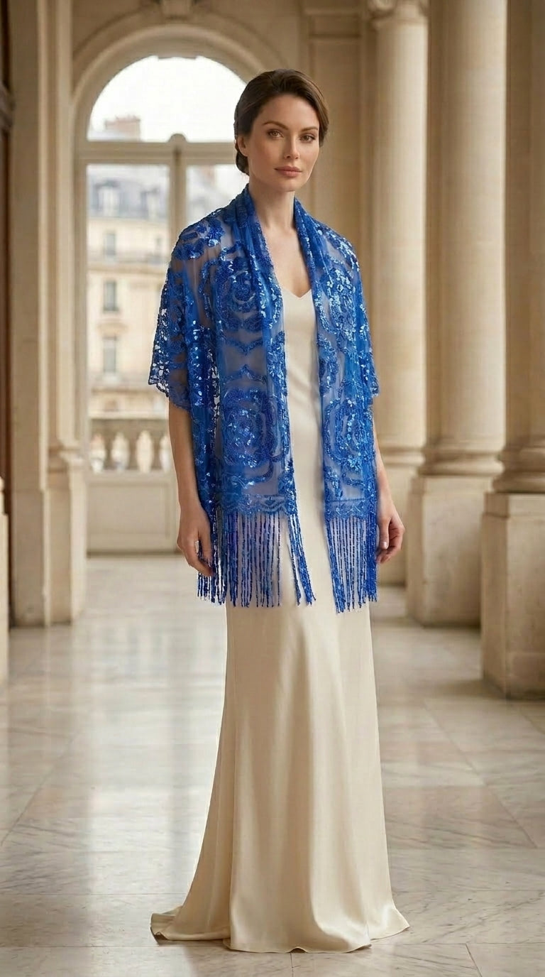Royal Blue Rose Sequin Evening Scarf Wrap | Elegant Floral Sparkle Shawl
