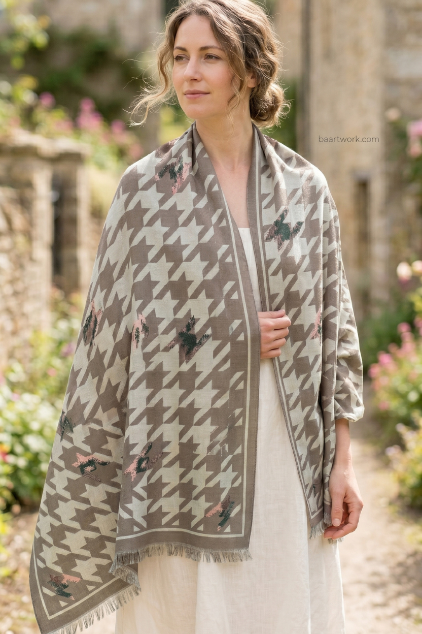 Khaki Houndstooth Scarf with Solid Border – Timeless Fashion Wrap