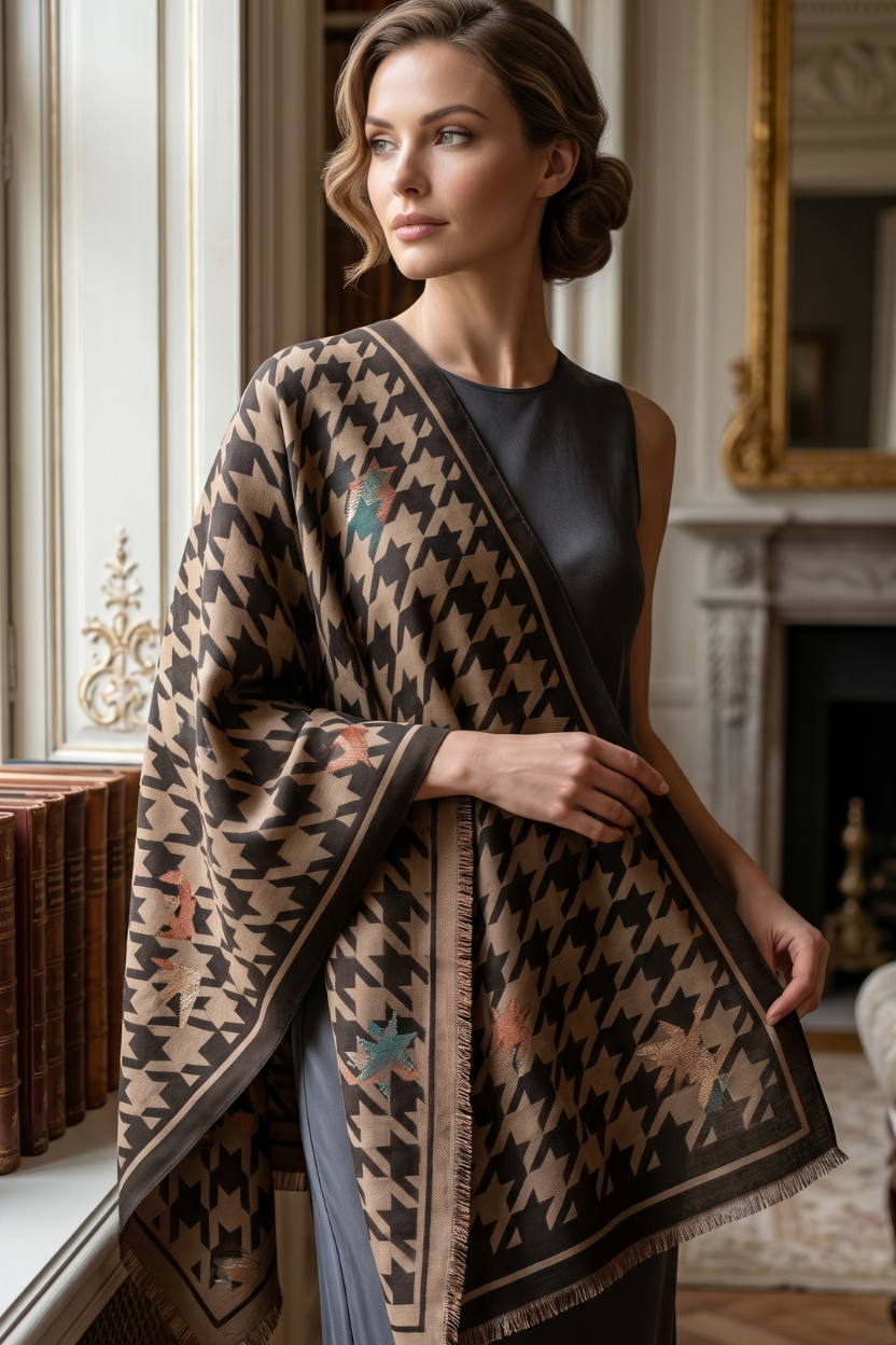 Brown Houndstooth Scarf with Solid Border – Elegant Fashion Wrap Shawl