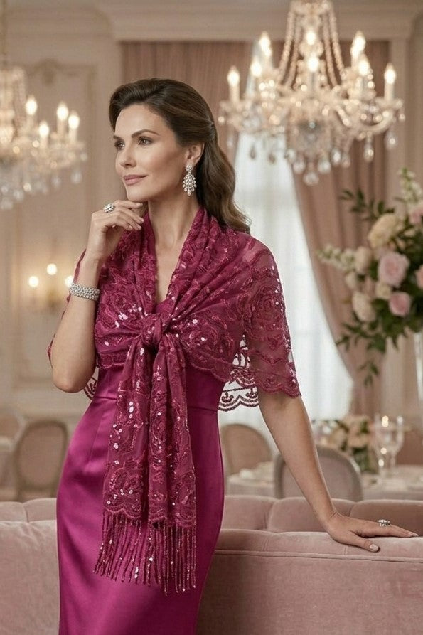 Fuchsia Rose Sequin Evening Scarf Wrap | Elegant Floral Sparkle Shawl
