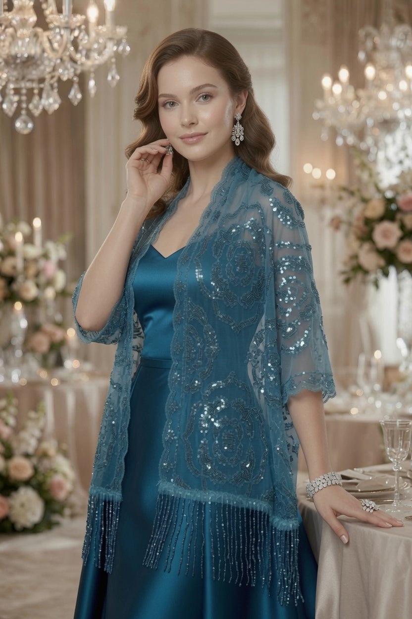 Blue Rose Sequin Evening Scarf Wrap | Elegant Floral Sparkle Shawl